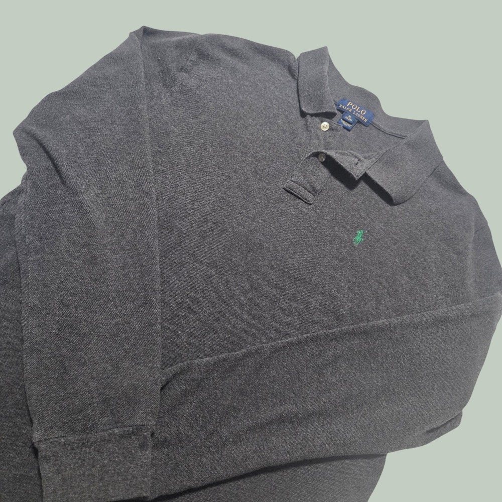Polo Ralph Lauren Mens XL Charcoal Grey Long Sleeve Pique Polo Shirt RL16 Logo